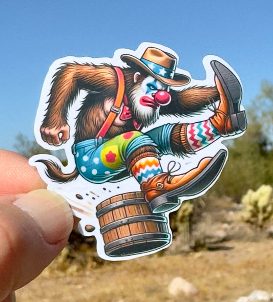 Bigfoot Rodeo Clown Sticker, Rodeo, Rodeo Clown, wild west, bull rider, PBR, Bigfoot, 8 seconds, sticker, saddle up, bull, western, cryptid