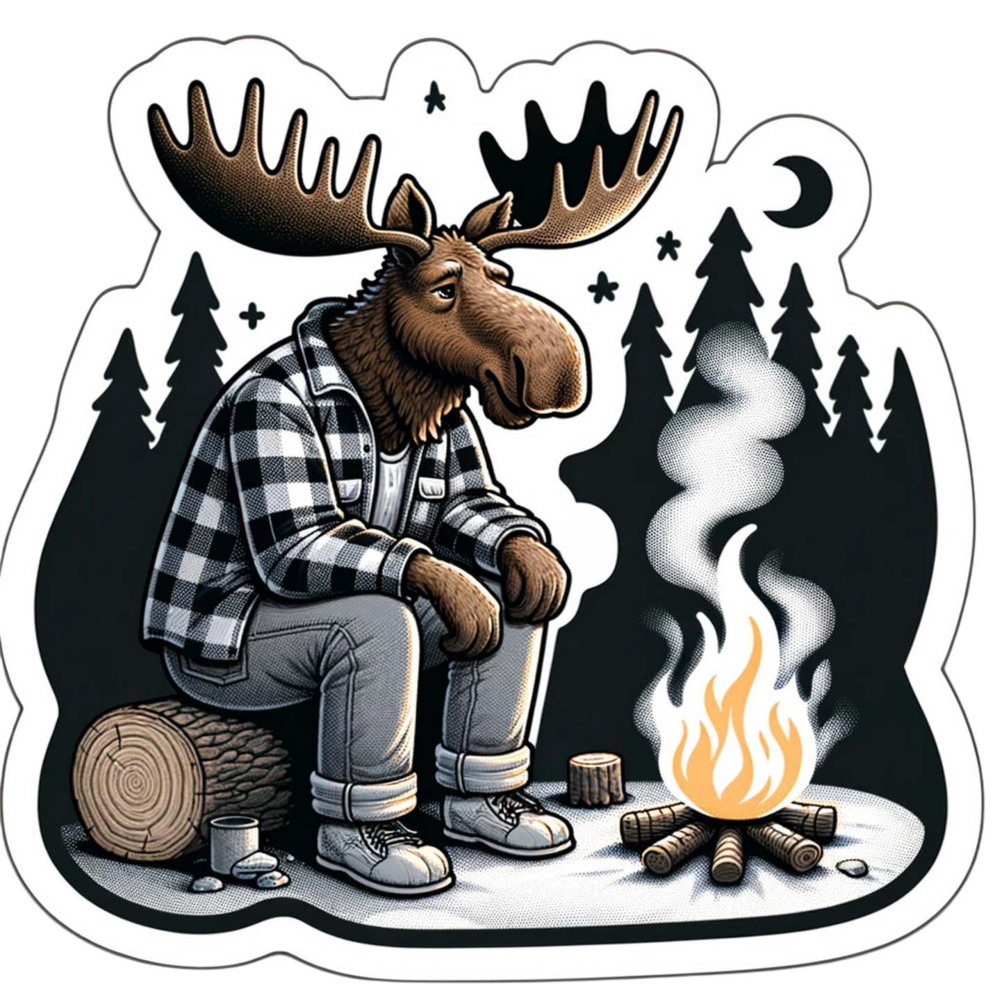 Bull Moose wearing flannel sitting by campfire Sticker, Moose Sticker, animal lover, Camping, fun sticker, Nature lover, Hiking, Bull Moose