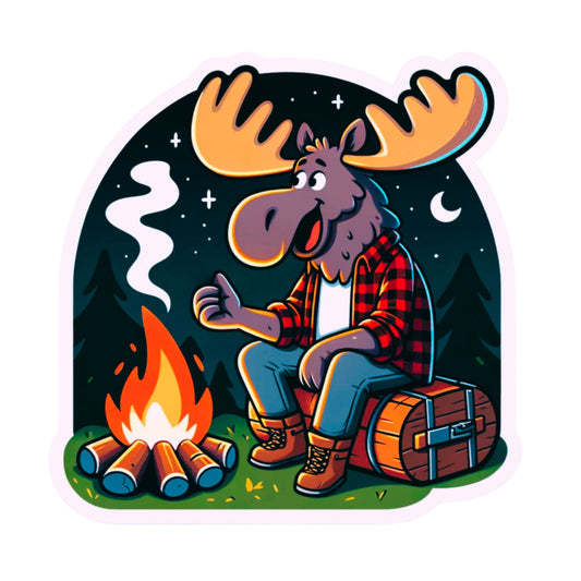 Bull Moose wearing flannel sitting by campfire Sticker, Moose Sticker, animal lover, Camping, fun sticker, Nature lover, Hiking, Bull Moose