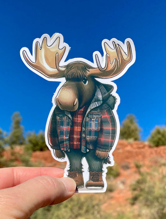 Bull Moose wearing flannel, vest, boots Sticker, Moose Sticker, animal lover, nature, wildlife, Hipster, fun sticker, moose, cute, flannel