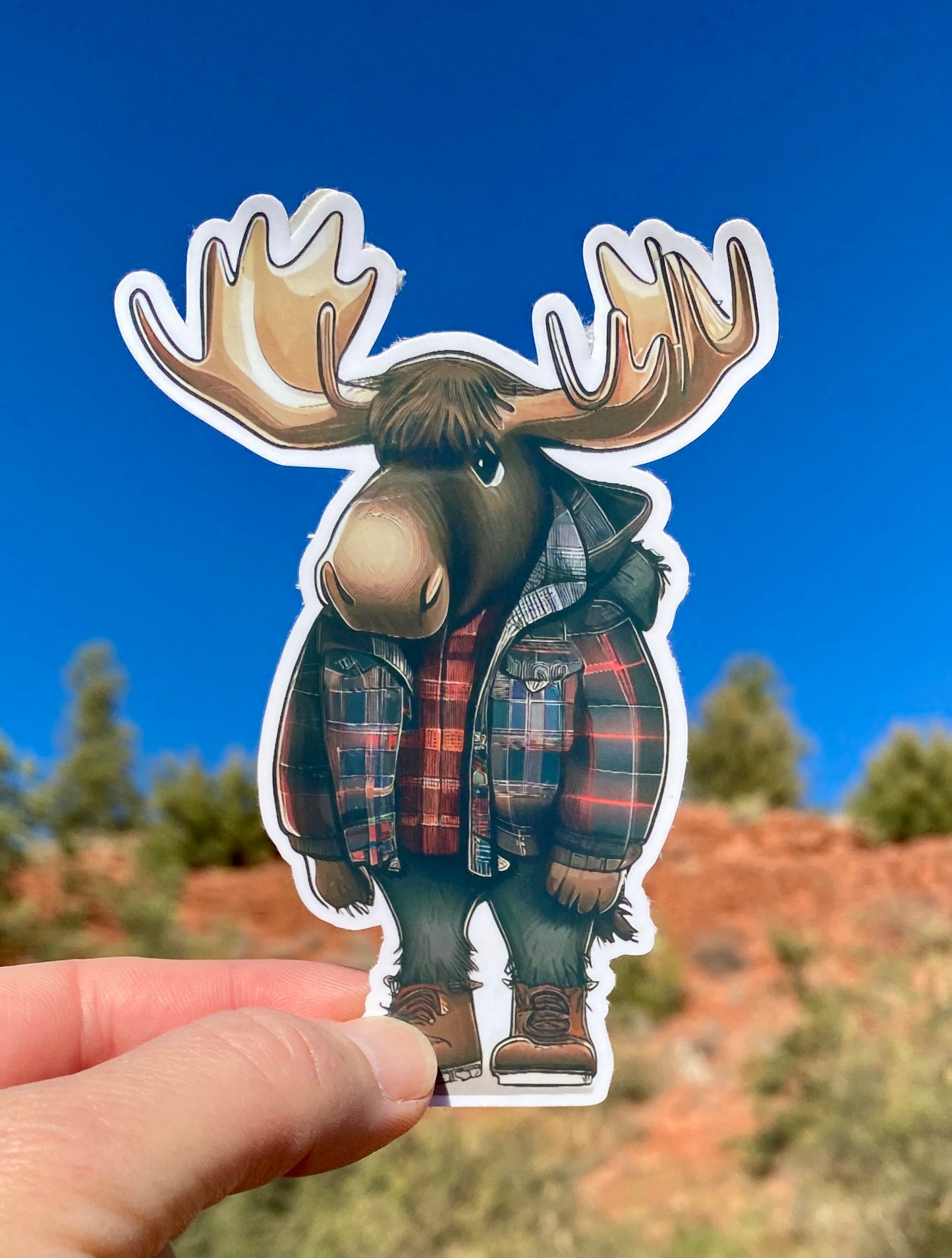 Hipster Bull Moose wearing flannel Sticker, Moose Sticker, animal lover, grunge, Hipster animals, fun sticker, Nature lover, Hiking, outside