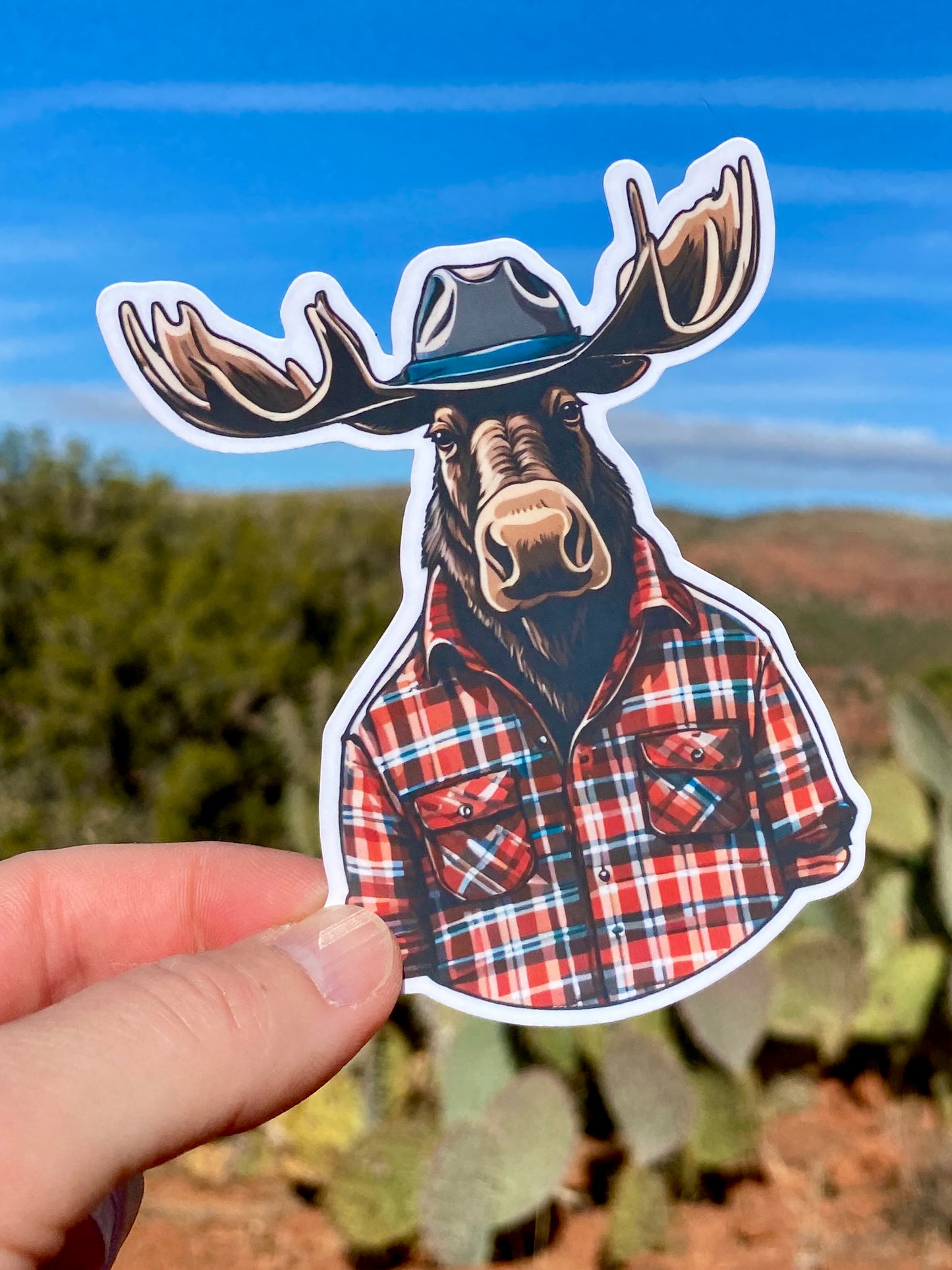 Hipster Bull Moose wearing flannel Sticker, Moose Sticker, animal lover, grunge, Hipster animals, fun sticker, Nature lover, Hiking, outside