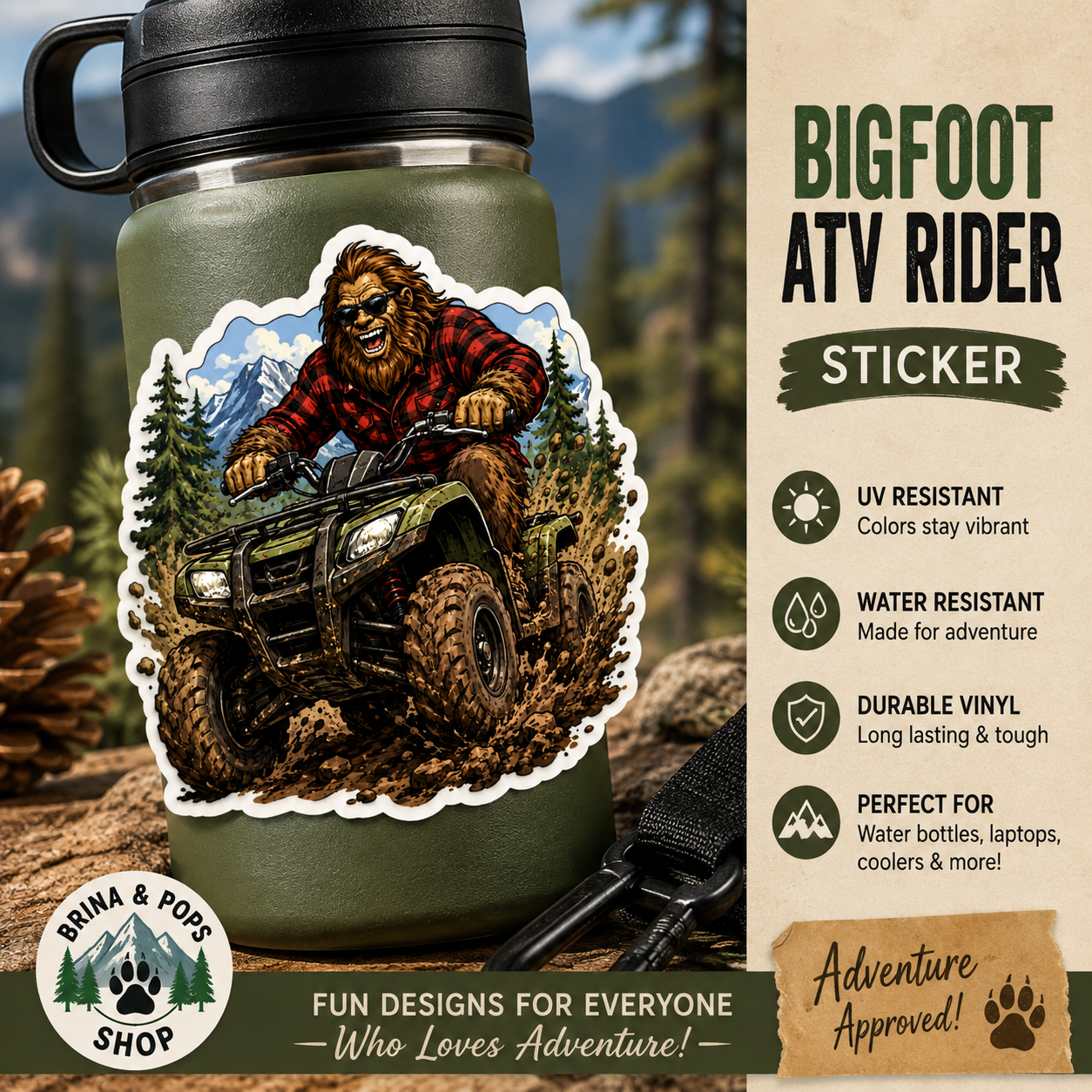 Bigfoot ATV Sticker | Sasquatch Four Wheeler Decal | Funny Bigfoot Off Road Sticker | ATV Rider Gift | Outdoors Adventure Decal