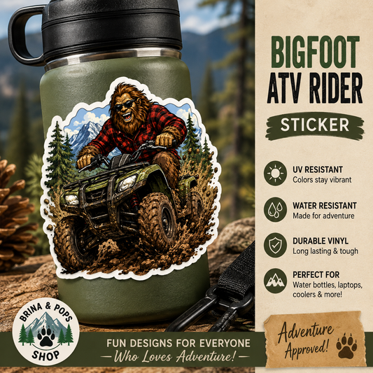 Bigfoot ATV Sticker | Sasquatch Four Wheeler Decal | Funny Bigfoot Off Road Sticker | ATV Rider Gift | Outdoors Adventure Decal