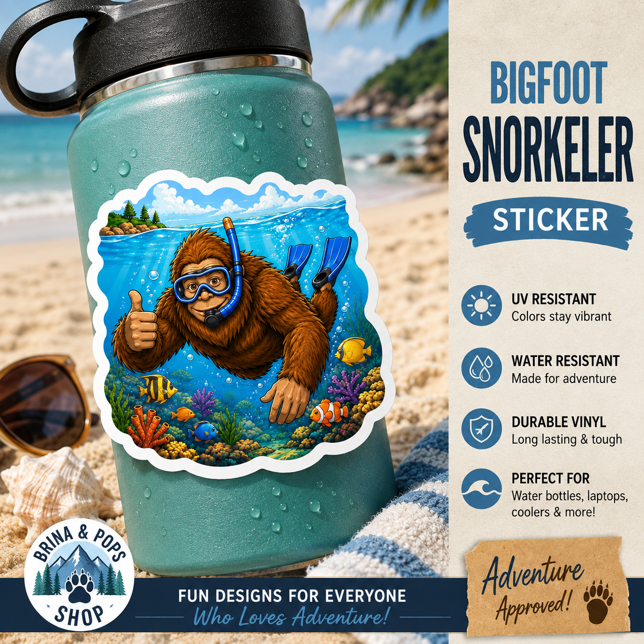 Bigfoot Snorkeling Sticker | Funny Sasquatch Snorkeler Decal | Beach Vacation Sticker | Ocean Lover Gift | Bigfoot Water Bottle Sticker