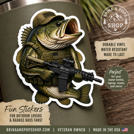 Tactical Largemouth Bass Sticker – Funny Military Bass Vinyl Decal – Tactical Fishing Sticker – Angler Gift – Outdoor Sticker