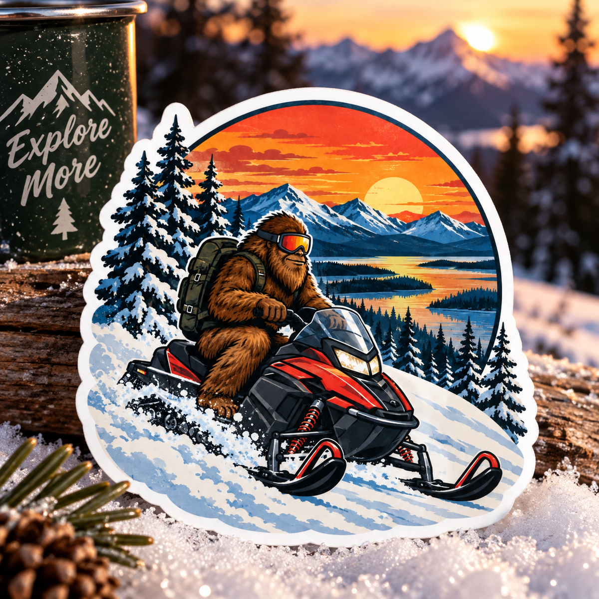 Bigfoot Snowmobile Sticker Natural – Funny Sasquatch Winter Adventure Vinyl Decal
