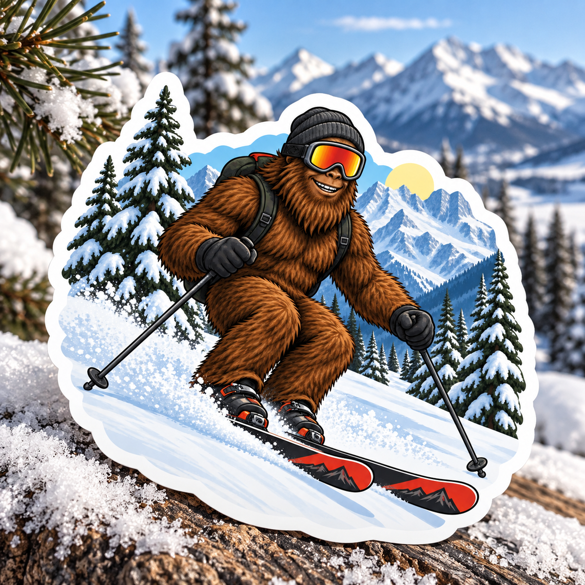 Bigfoot Skiing Sticker – Sasquatch Winter Adventure Vinyl Decal