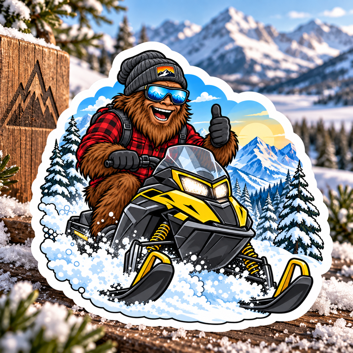 Bigfoot Snowmobile Sticker – Thumbs Up - Funny Sasquatch Winter Adventure Vinyl Decal