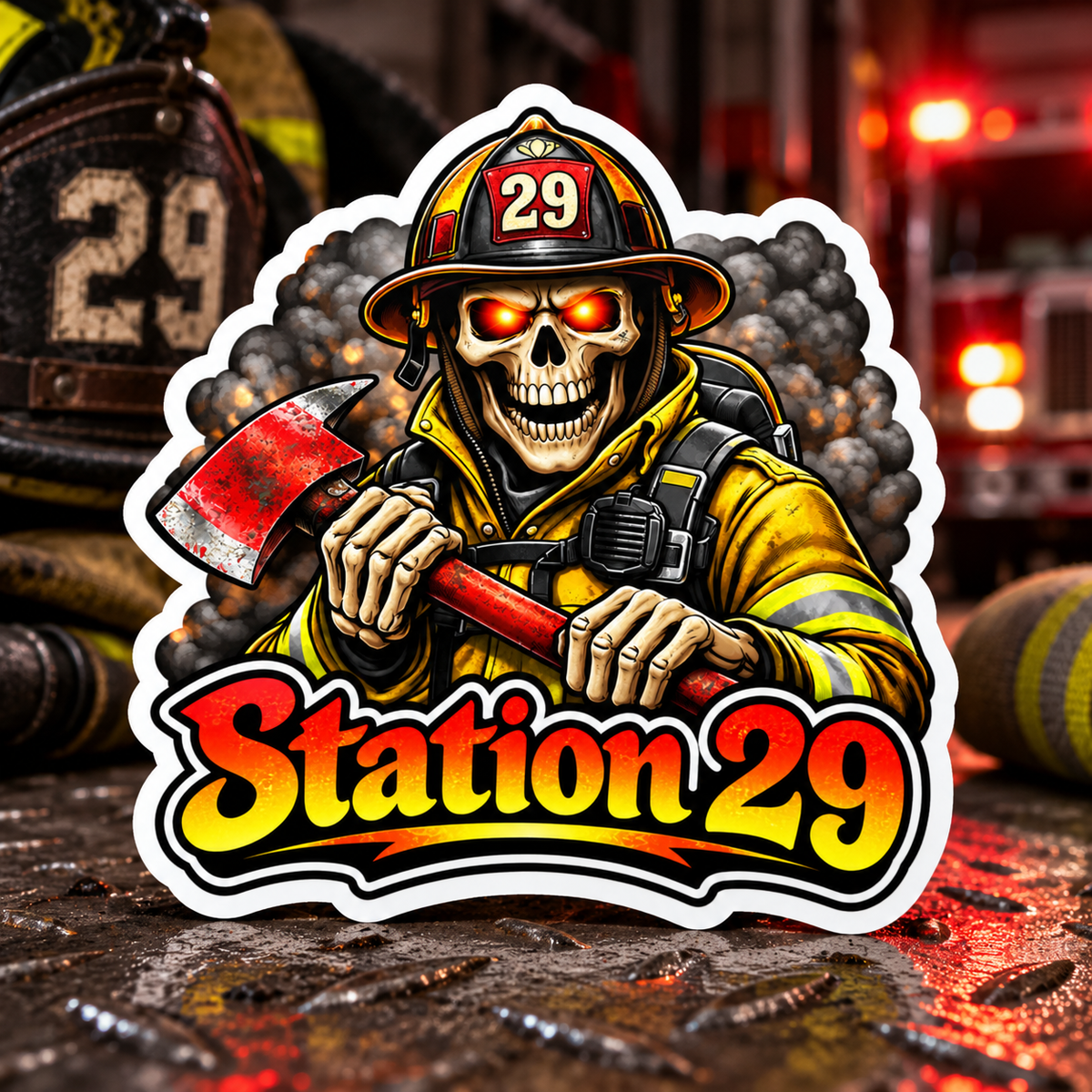 Custom Skeleton Firefighter Station 29 Sticker, firefighter, bunker gear, fireman, custom, first responder, Skeleton Firefighter, firehouse, sticker