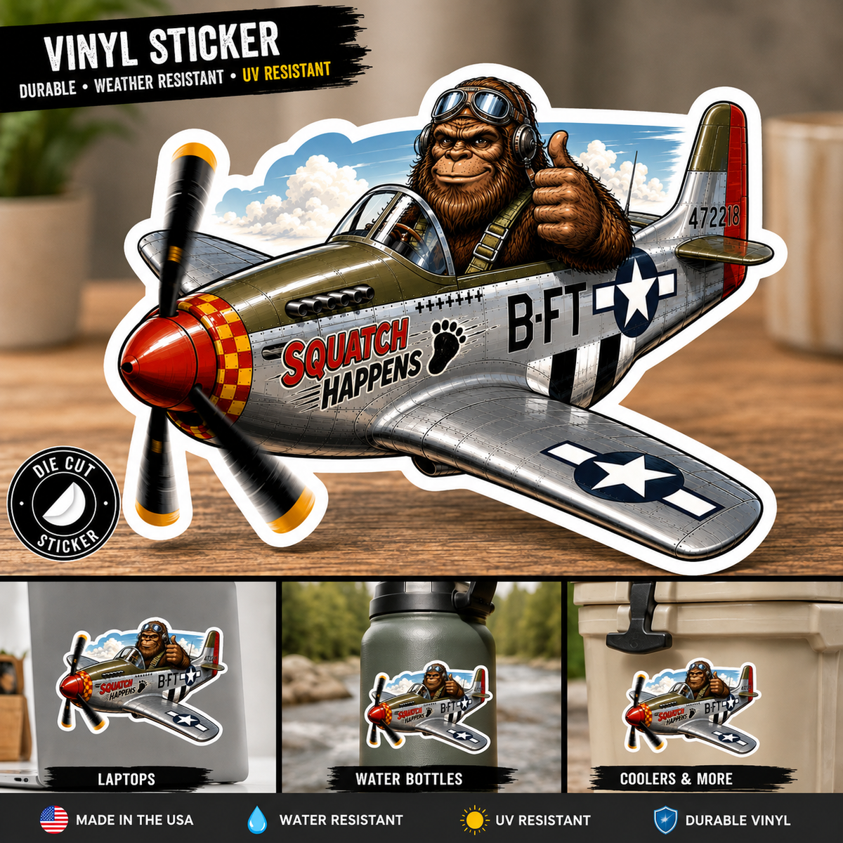 Bigfoot P-51 Mustang Sticker, Squatch Happens Fighter Plane Decal, Sasquatch Pilot Vinyl Sticker, WWII Aviation Gift, Military Aircraft