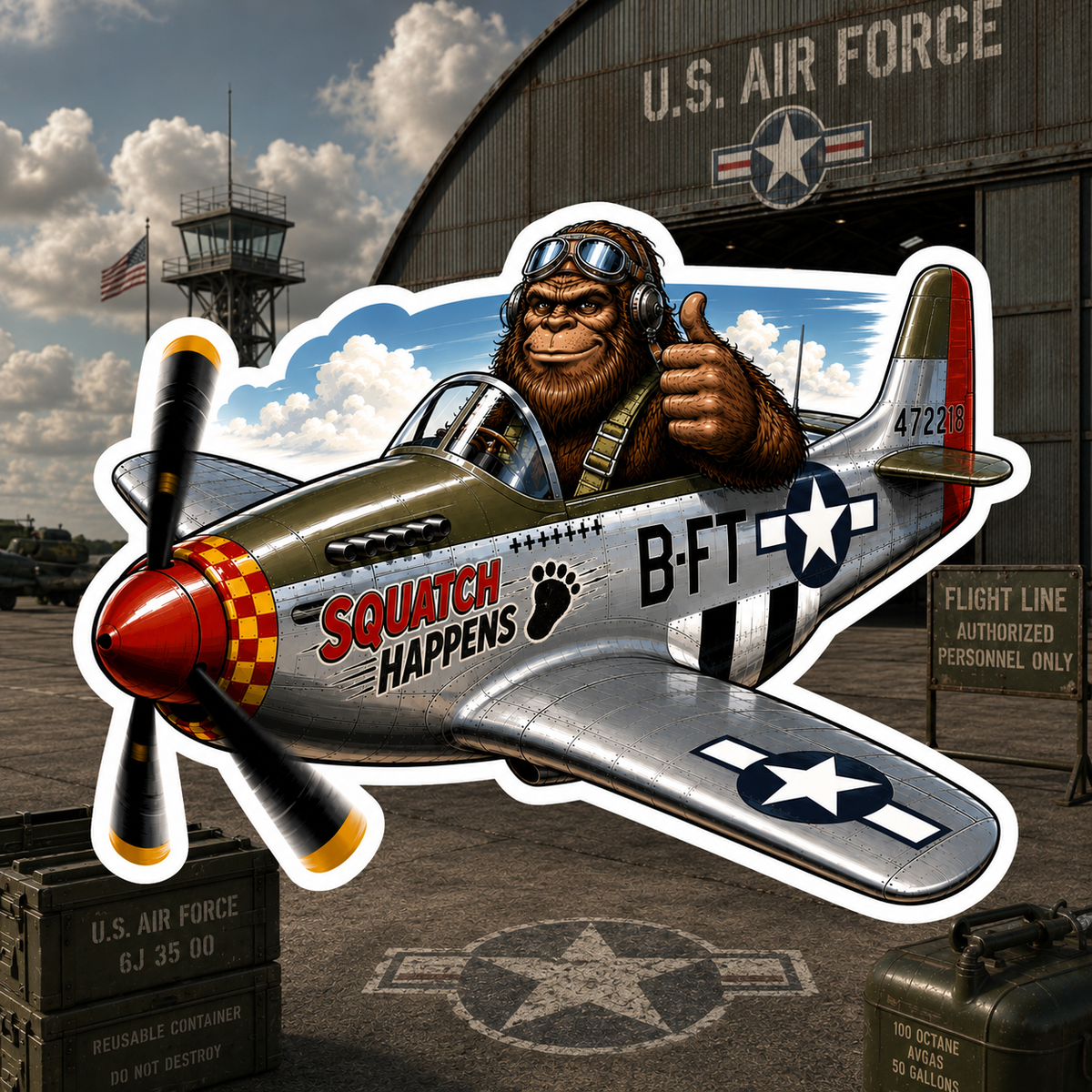Bigfoot P-51 Mustang Sticker, Squatch Happens Fighter Plane Decal, Sasquatch Pilot Vinyl Sticker, WWII Aviation Gift, Military Aircraft