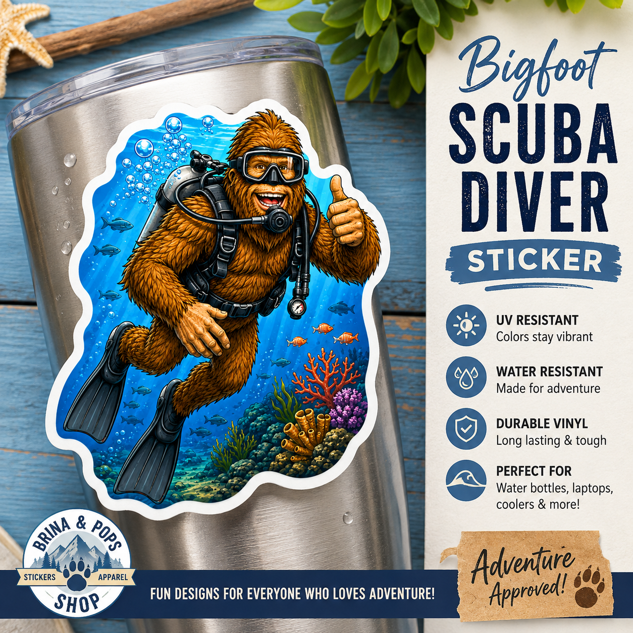Bigfoot Scuba Diver Sticker | Funny Sasquatch Diving Decal | Scuba Diving Gift | Ocean Adventure Sticker | Diver Water Bottle Decal