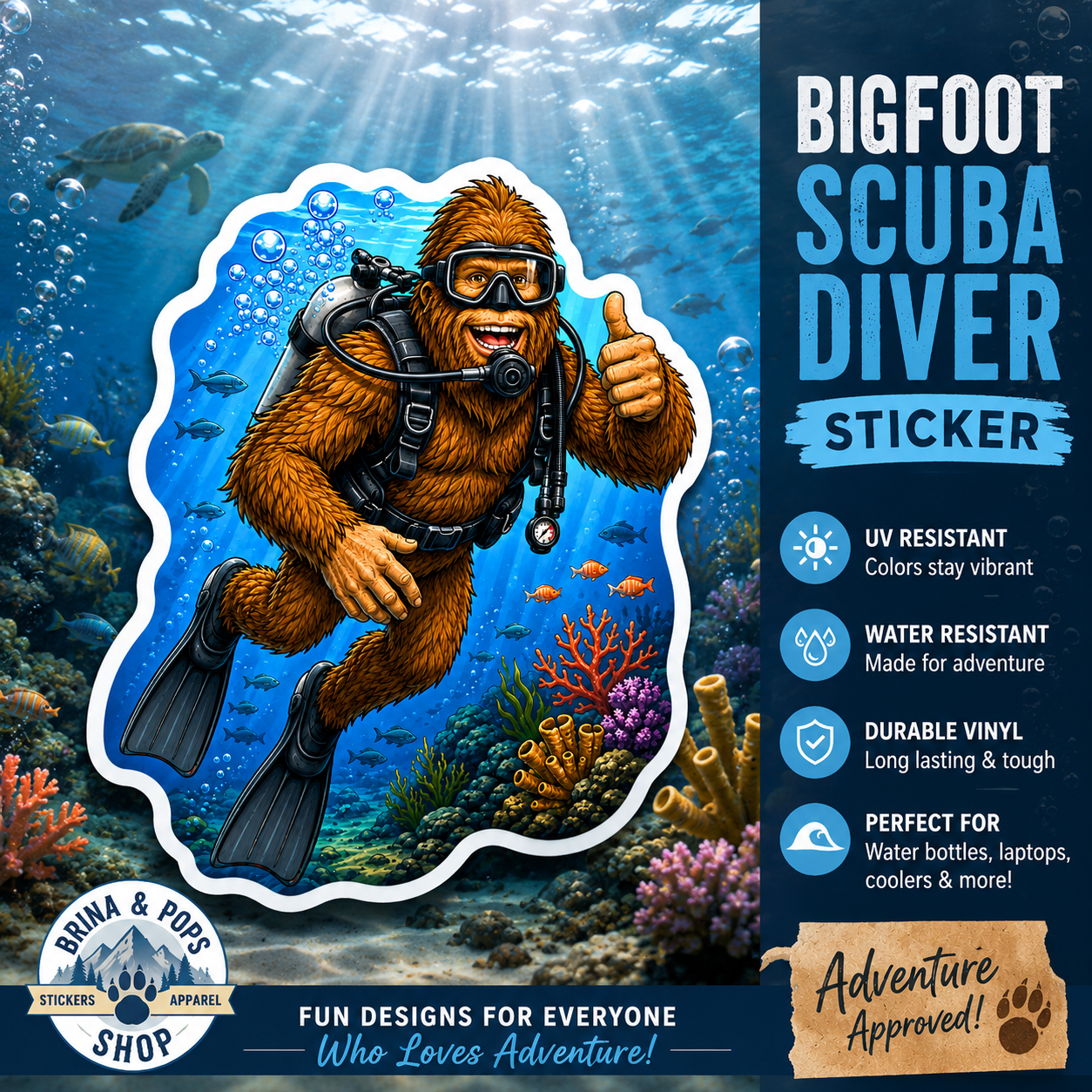Bigfoot Scuba Diver Sticker | Funny Sasquatch Diving Decal | Scuba Diving Gift | Ocean Adventure Sticker | Diver Water Bottle Decal