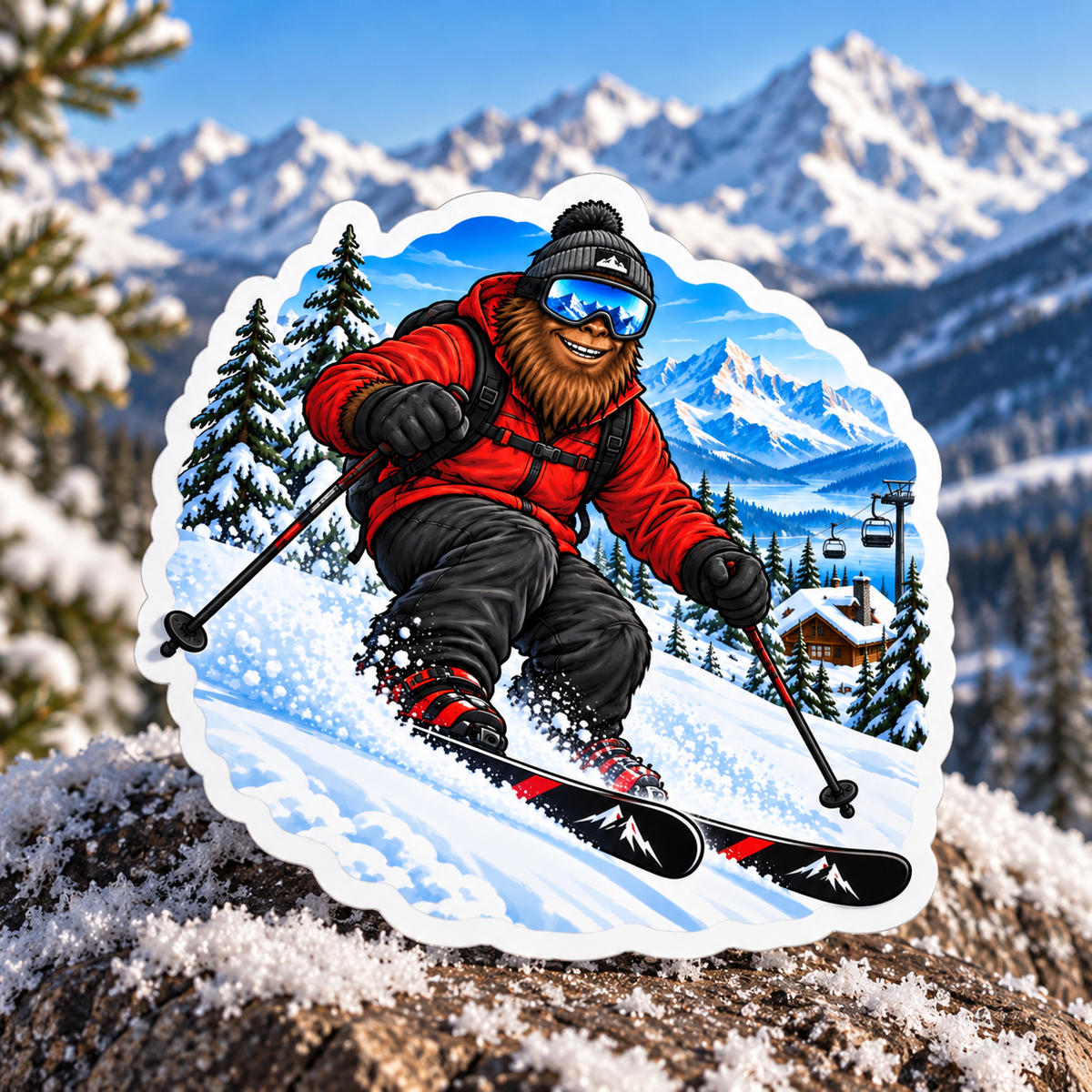 Bigfoot Skiing Sticker Red Jacket– Sasquatch Winter Adventure Vinyl Decal