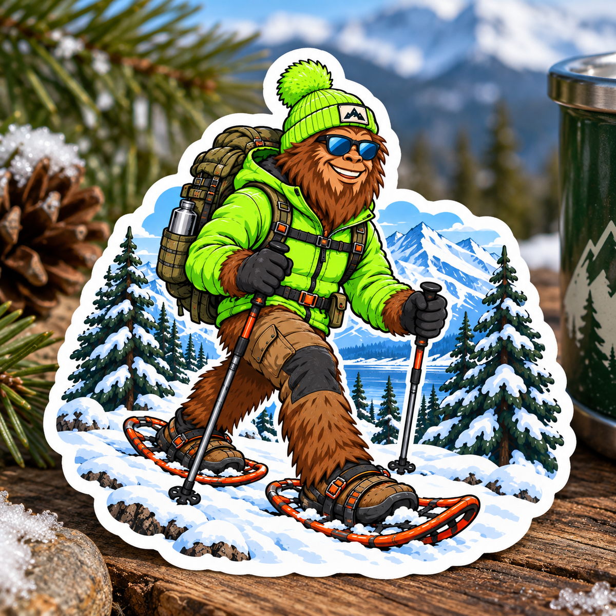 Bigfoot Snowshoeing Sticker Natural – Funny Sasquatch Winter Adventure Vinyl Decal