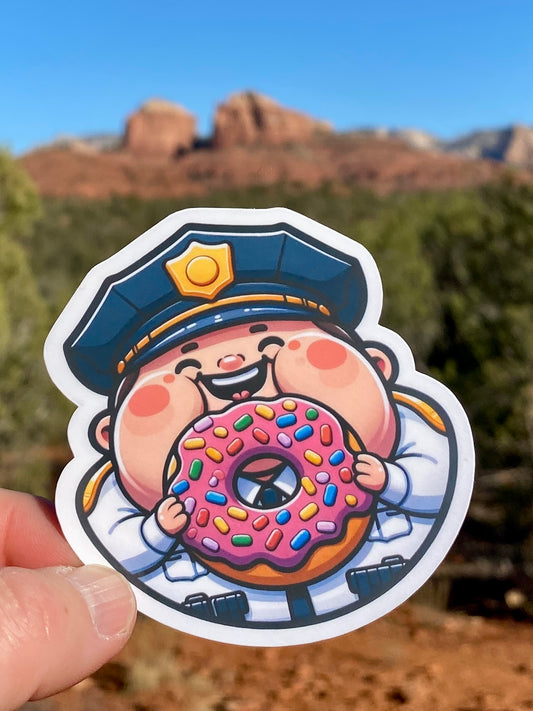 Chubby Police Officer eating a donut Sticker, sticker, Police, Cops, colorful donut, Stereotypes, Police Humor, Police sticker, Chubby, eat