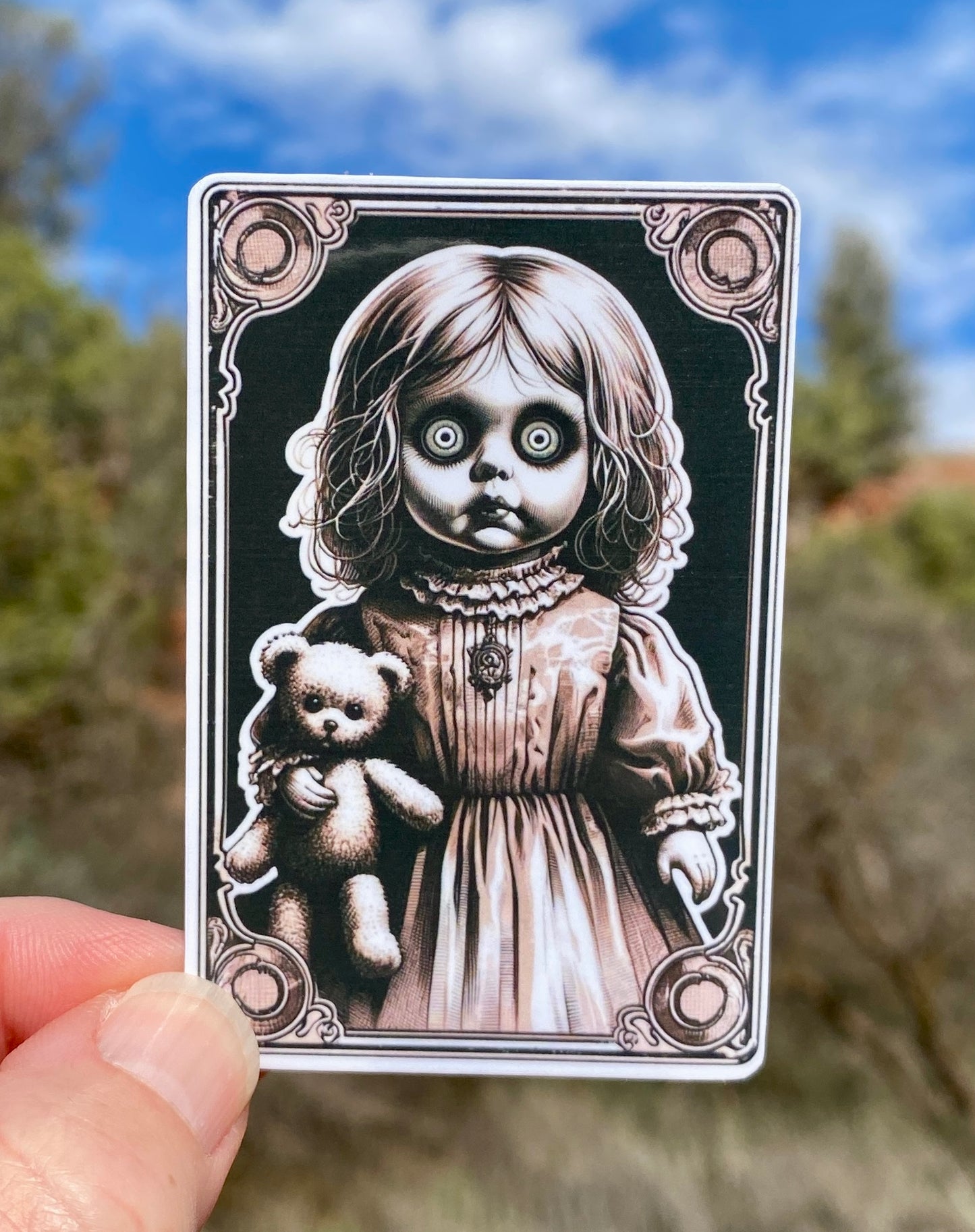 Creepy Doll Scary Sticker, sticker, Creepy, Sinister, Scary Doll, Horror movie fans, scary movie, Haunted, Dolls, Macabre, Collectors, Haunt