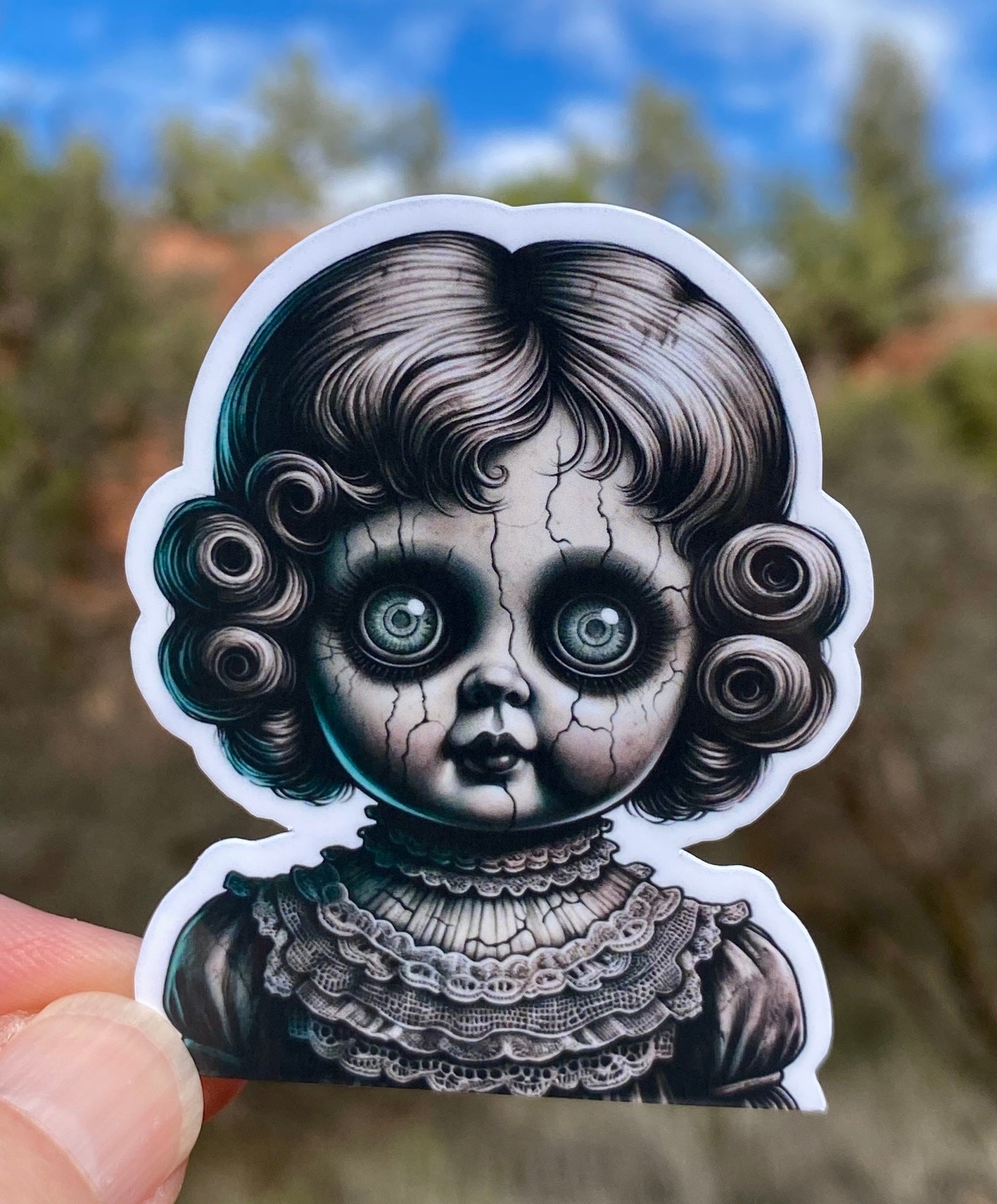 Creepy Doll Scary Sticker, sticker, Creepy, Sinister, Scary Doll, Horror movie fans, scary movie, Haunted, Dolls, Macabre, Collectors, Haunt