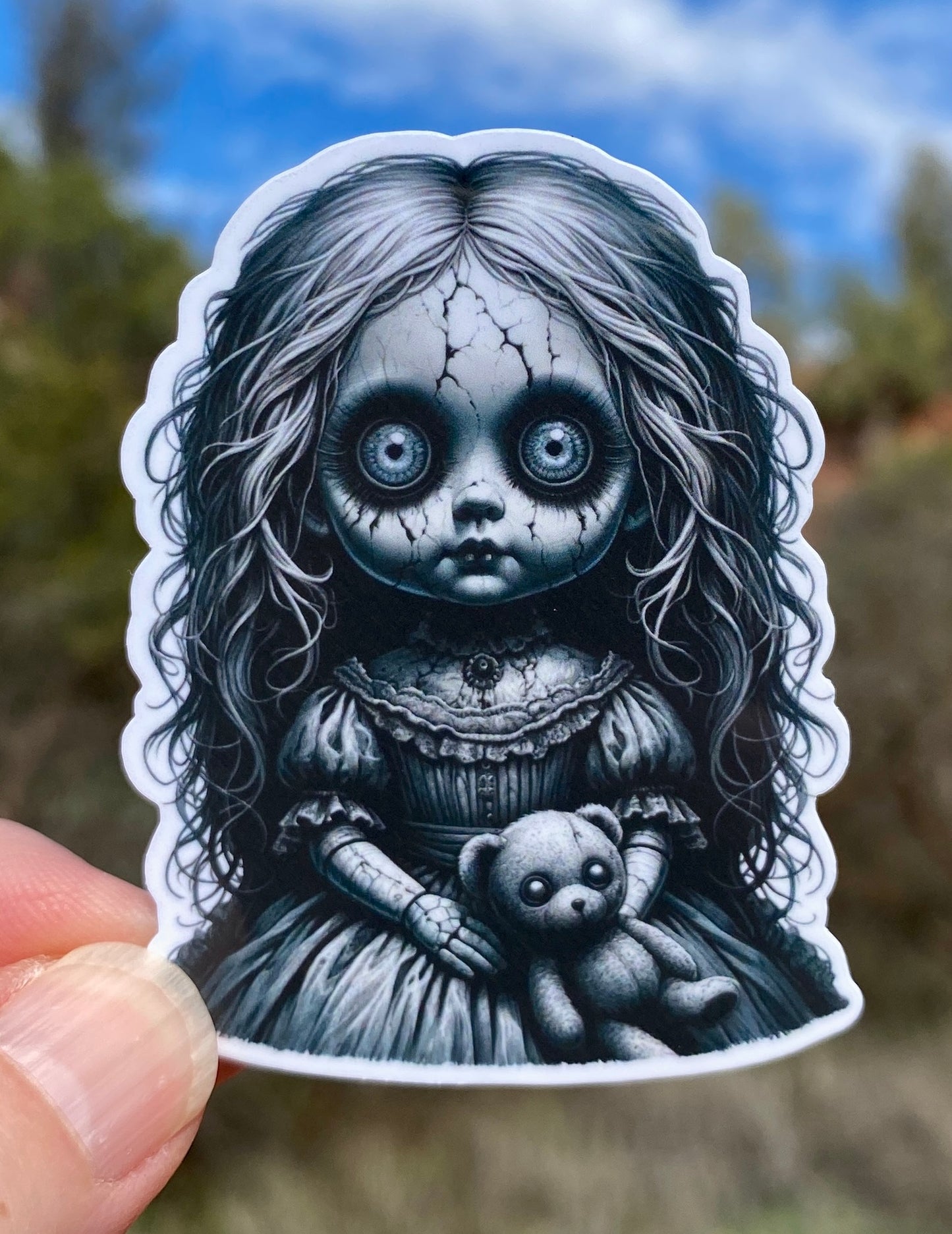 Creepy Doll Scary Sticker, sticker, Creepy, Sinister, Scary Doll, Horror movie fans, scary movie, Haunted, Dolls, Macabre, Collectors, Haunt