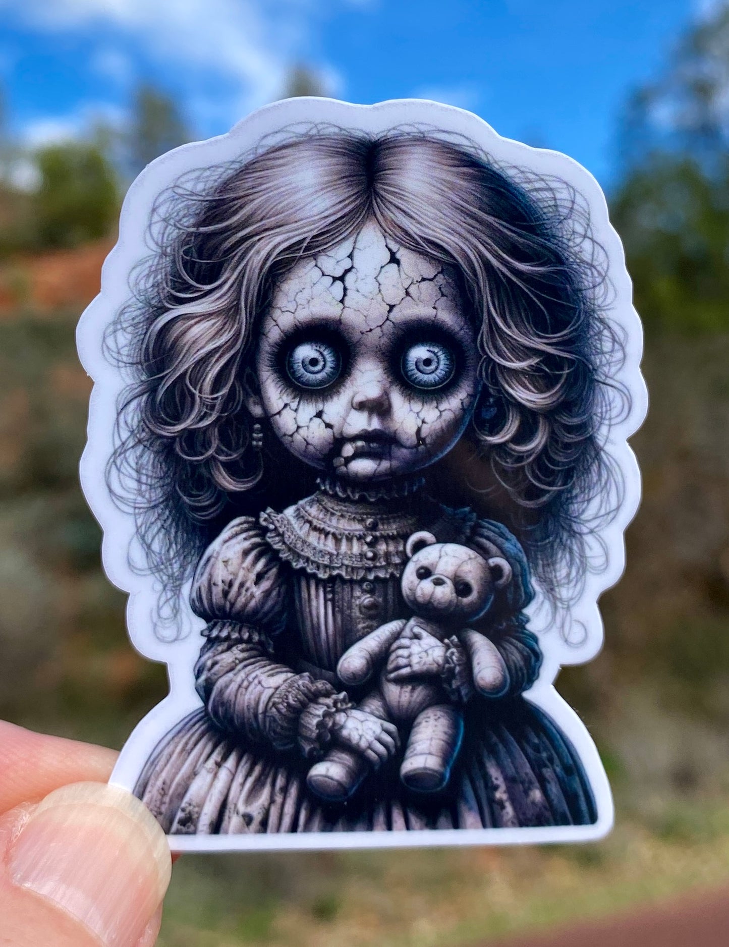 Creepy Doll Scary Sticker, sticker, Creepy, Sinister, Scary Doll, Horror movie fans, scary movie, Haunted, Dolls, Macabre, Collectors, Haunt