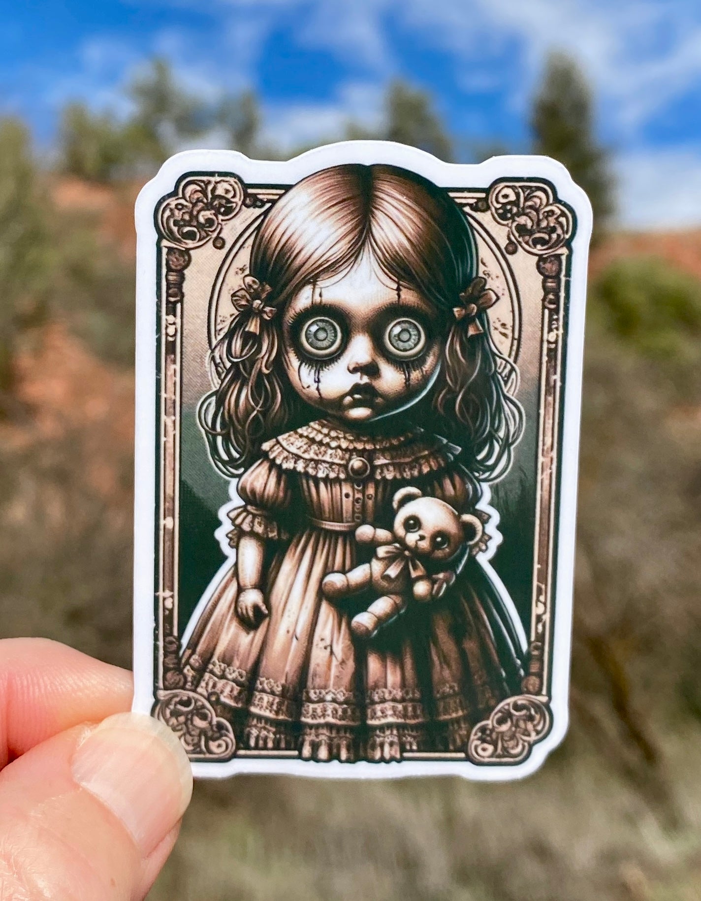 Creepy Doll Scary Sticker, sticker, Creepy, Sinister, Scary Doll, Horror movie fans, scary movie, Haunted, Dolls, Macabre, Collectors, Haunt