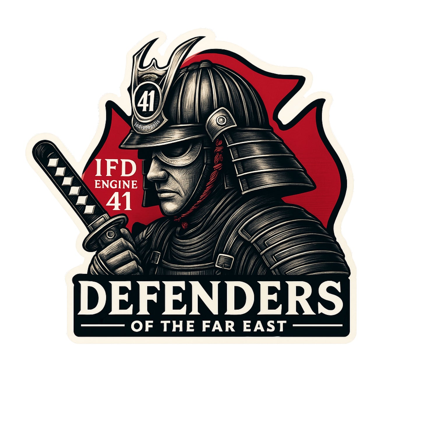 Samurai Firefighter Sticker – IFD Engine 41 Tribute | Defenders of the Far East | Fire Dept Vinyl Sticker | Firefighter Gift