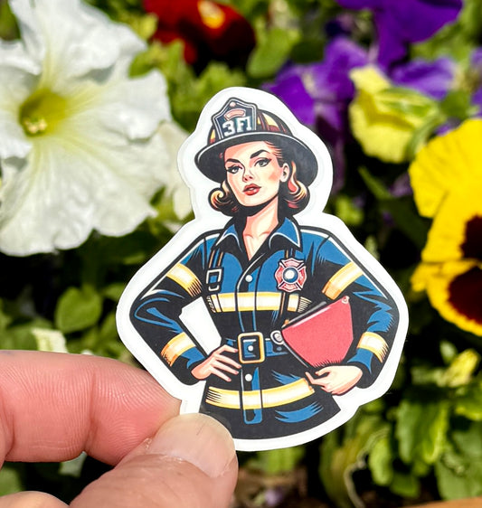 Vintage Female Firefighter Sticker, firefighter, female firefighter, bunker gear, first responder, FD, girl power, sticker, empower, vintage