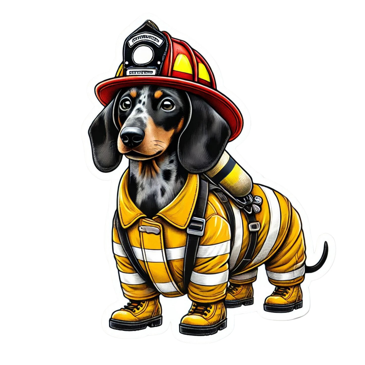 Piebald Dachshund Firefighter Sticker, Piebald Dachshund, firefighter, bunker gear, turnout gear, sticker, wiener dog, dachshund, gear, Dog