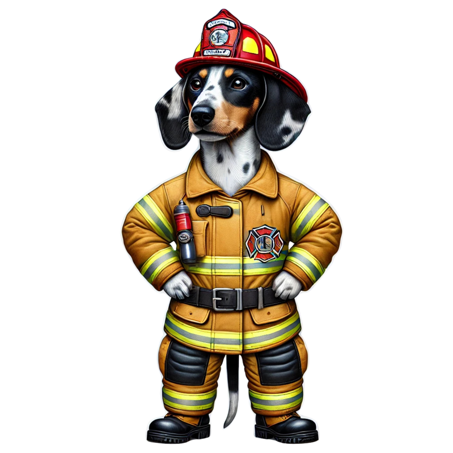 Piebald Dachshund Firefighter Sticker, Piebald Dachshund, firefighter, bunker gear, turnout gear, sticker, wiener dog, dachshund, gear, Dog