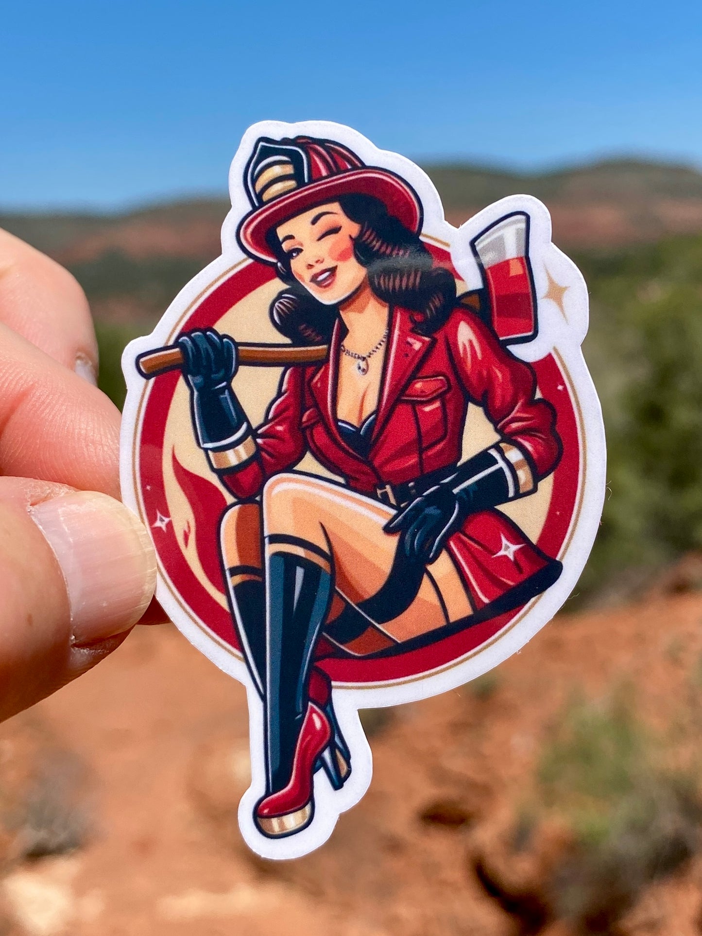 Firefighter Pin-up Sticker, firefighter, bunker gear, fireman, pin-up model, fire department, hero, firehouse, sticker, fire, ax, model, fun