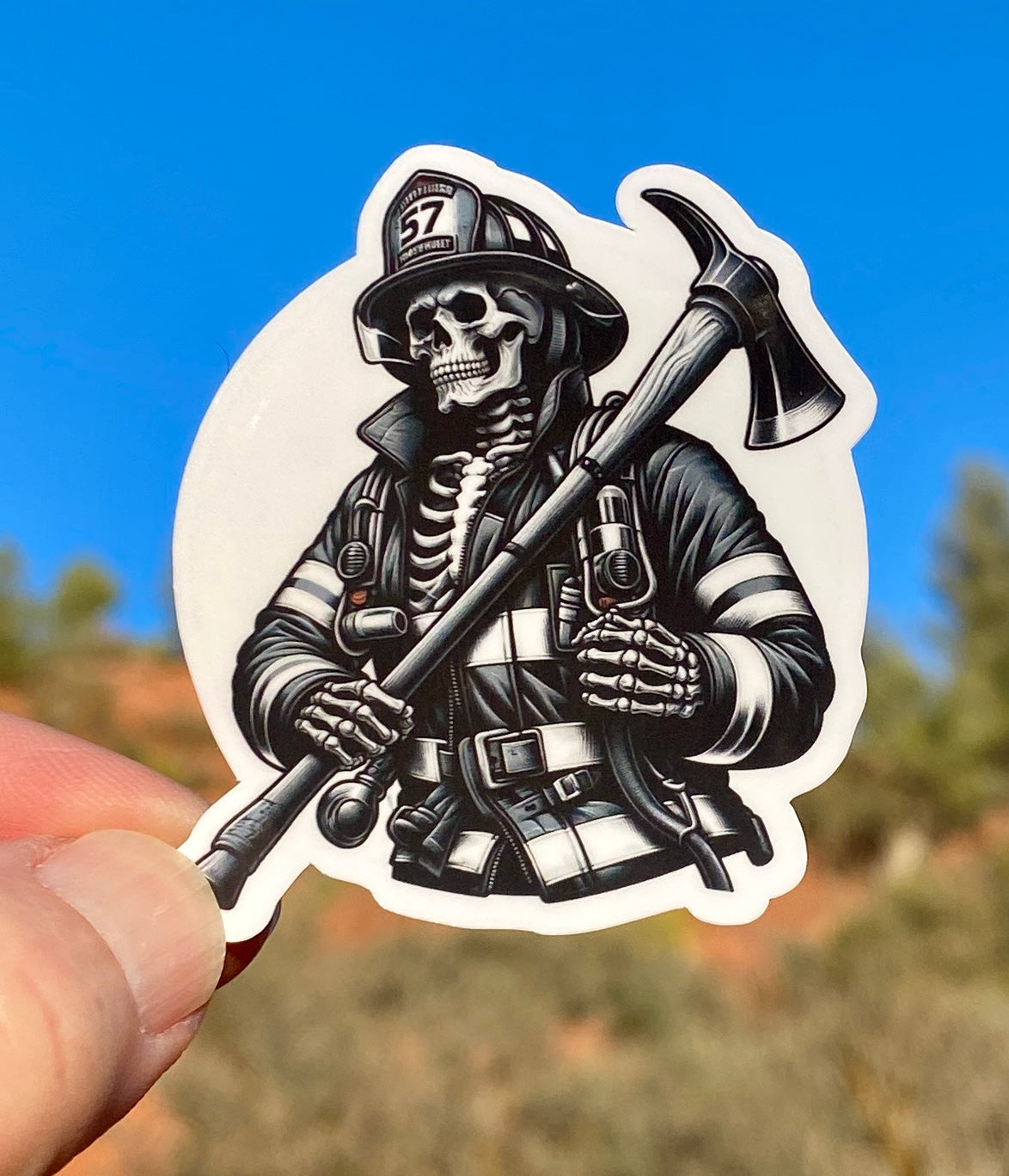 Skeleton Firefighter Sticker, firefighter, bunker gear, fireman, ax, mustache, fire department, hero, firehouse, sticker, fire, flames,decal