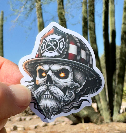 Skeleton Firefighter with flaming eyes Sticker, firefighter, bunker gear, fireman, fire department, smoke, skeleton, sticker, fire, flames