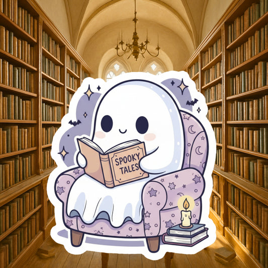 Cute Ghost Reading book Sticker – Halloween Bookworm - Spooky Tales, Cozy Halloween - Book Lover - Sticker- Halloween Vibes - Ghost