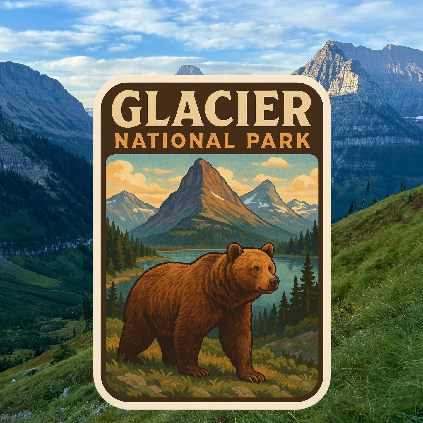 Glacier National Park Sticker, Montana, Landscape, National Park Decal, Hiking, Glacier, sticker, travel, mountain goat, grizzly bear, hike