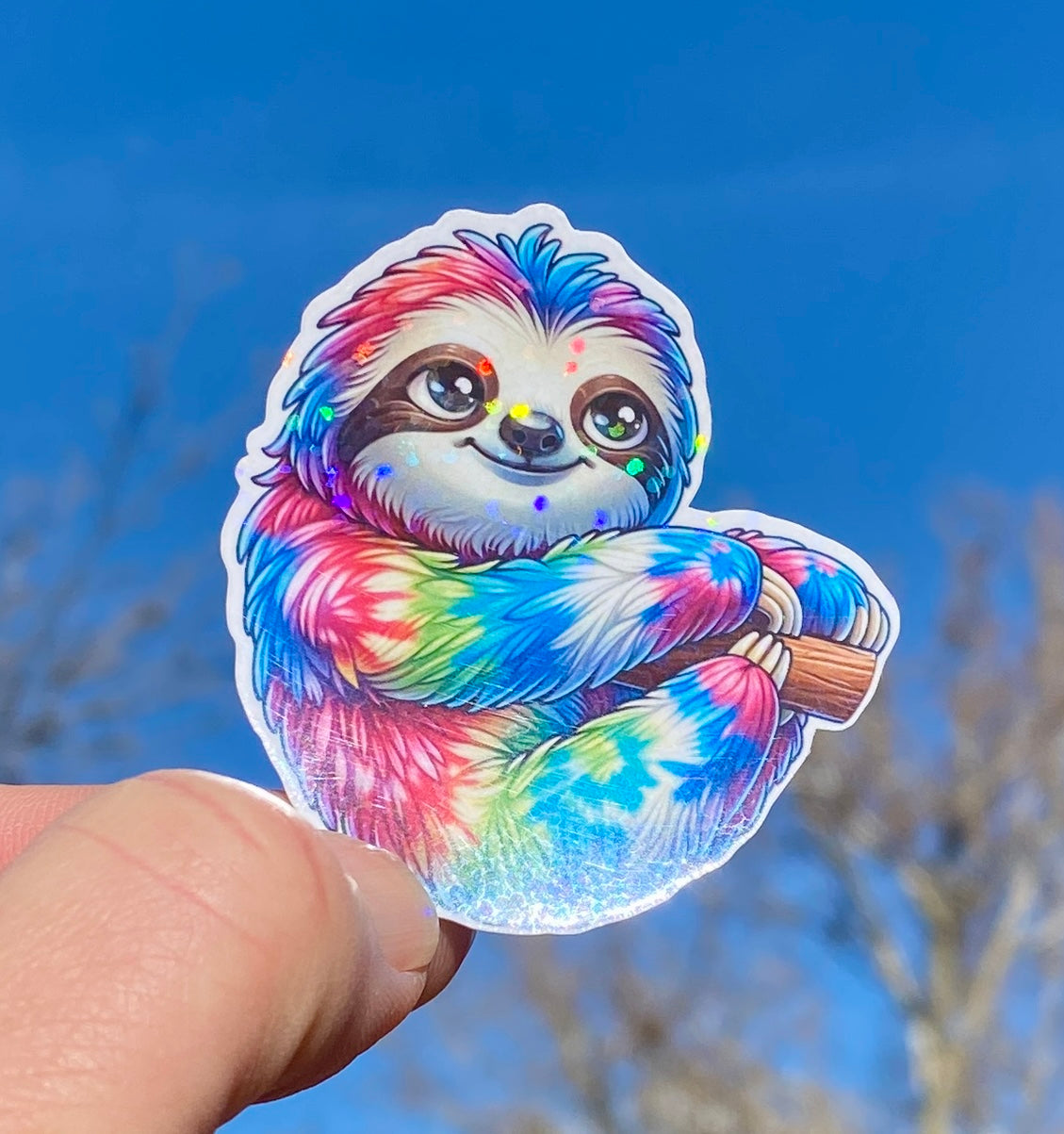 Holographic Sloth Sticker, sticker, tie-dyed, sloth, colorful sloth, sloth sticker, animal sticker, relaxed, relaxing, hippie, holographic