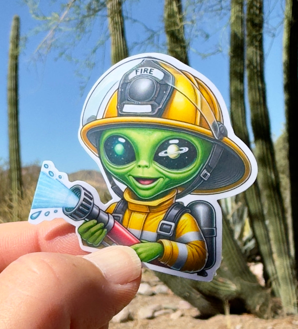 Alien Firefighter Sticker, firefighter, bunker gear, fireman, fire department, smoke, skeleton, sticker, alien, fire hose, space,fire helmet