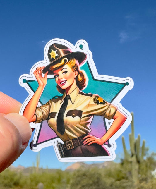 Sheriff Deputy Pin-up Sticker, Deputy, law enforcement, Sheriff, pin-up model, hero, vintage, sticker, police, hot, model, retro,pin-up girl