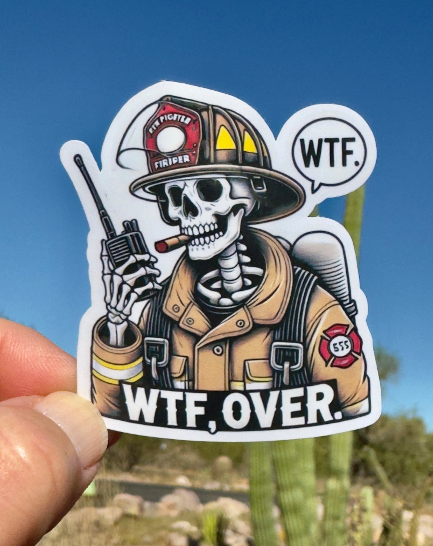 Skeleton Firefighter WTF Over Walkie Talkie Sticker, WTF sticker, walkie talkie, firefighter humor, firefighter, Dispatch, WTF, sticker, Fd