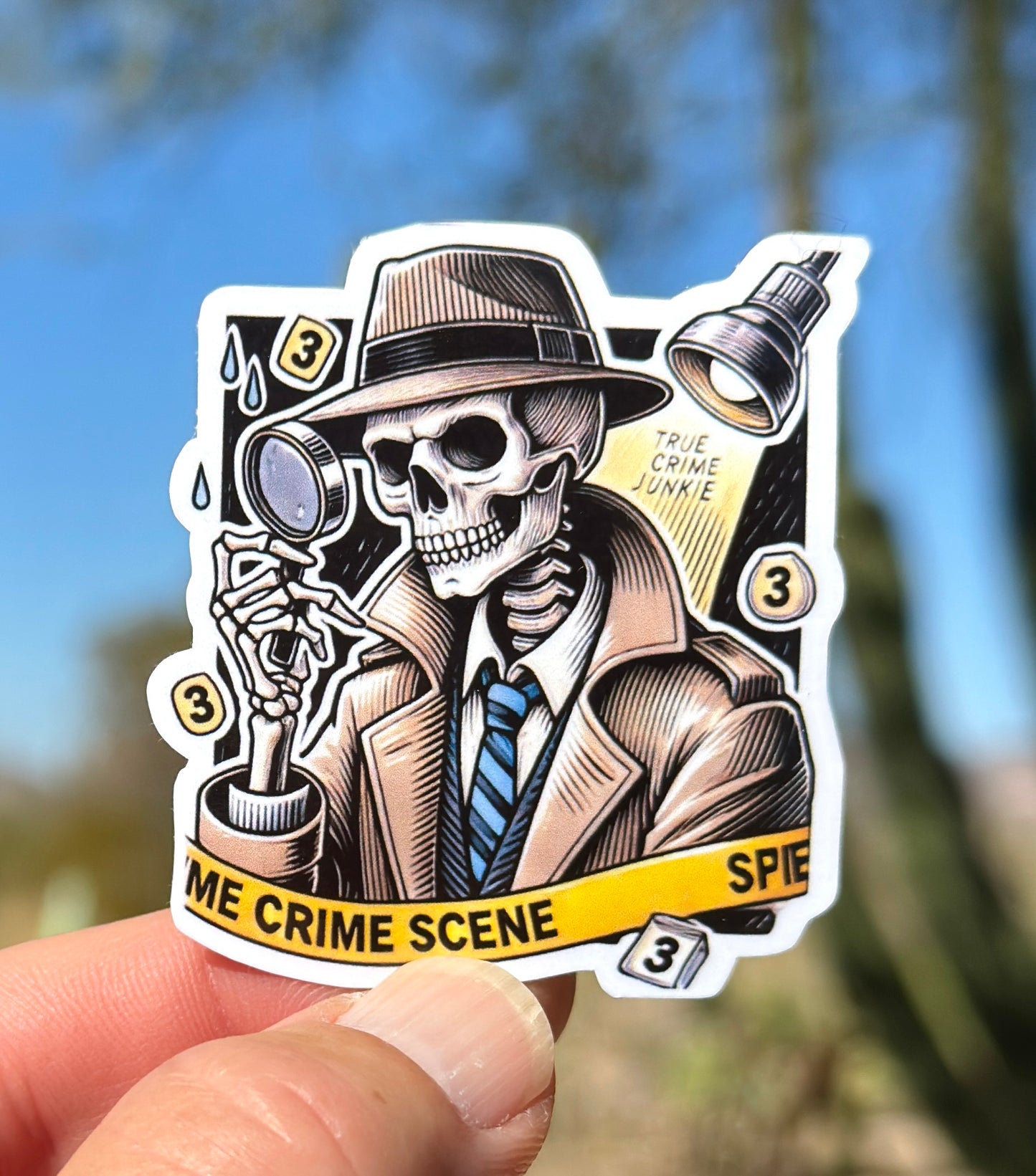 True Crime Junkie Skeleton Detective Sticker, police, true crime, crime junkie, sticker, detective, sleuth, podcast, true crime, skeleton