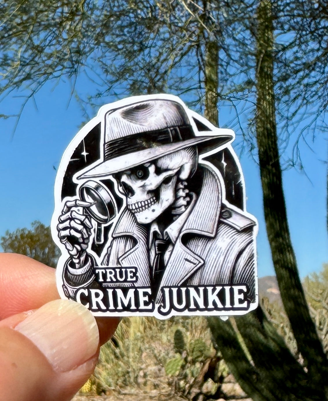 True Crime Junkie Skeleton Detective Sticker, police, true crime, crime junkie, sticker, detective, sleuth, podcast, true crime, skeleton