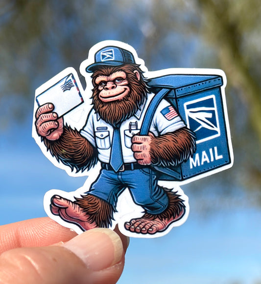 Bigfoot Mailman Sticker, sticker, Postman, mailman, mail, post office, delivery person, mail delivery, USPS, Postal worker, Postal, package