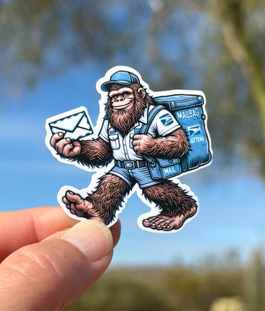 Bigfoot Mailman Sticker, sticker, Postman, mailman, mail, post office, delivery person, mail delivery, USPS, Postal worker, Postal, package