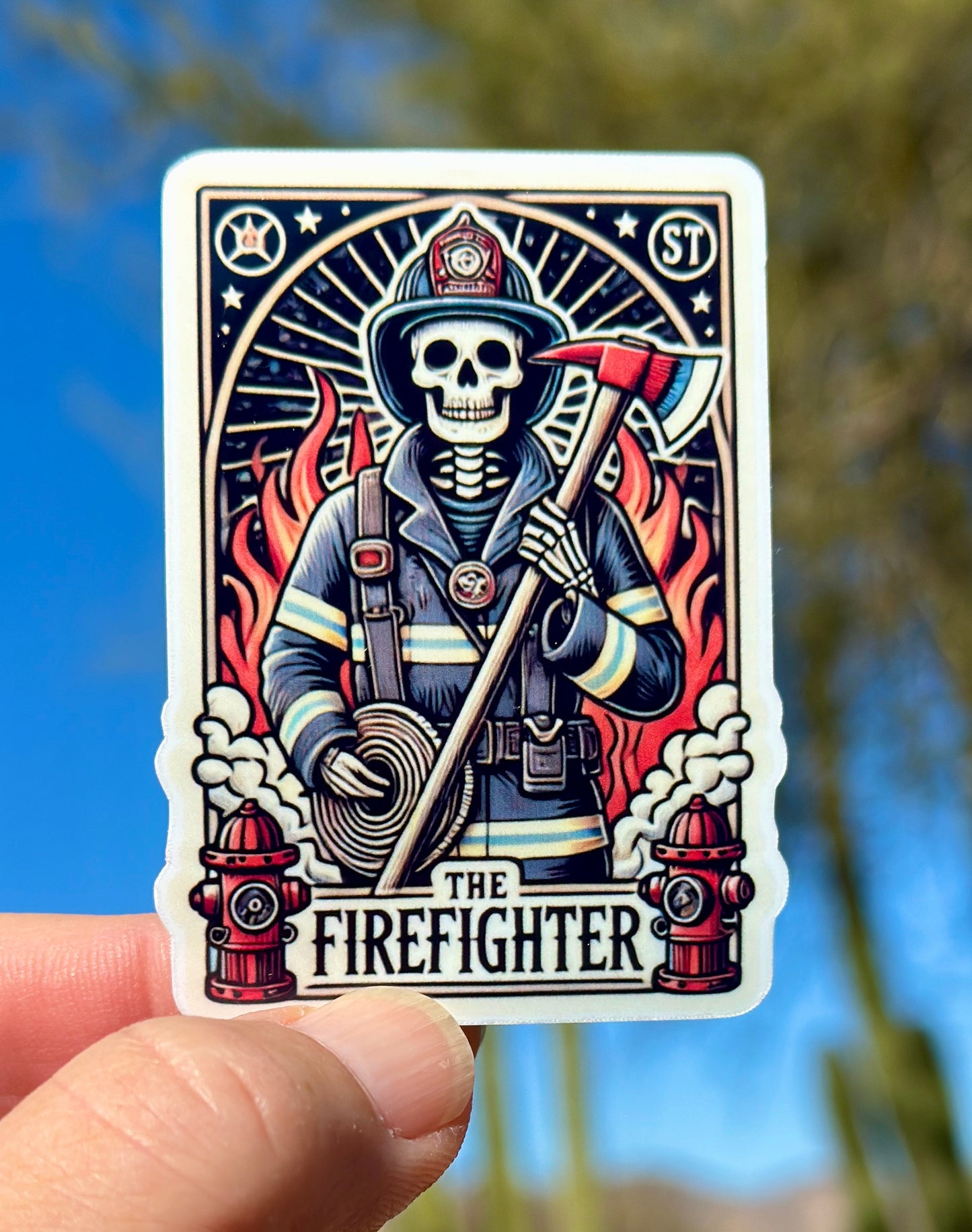 Tarot Card inspired Skeleton Firefighter Sticker, firefighter, bunker gear, fireman, tarot card, fire department, hero, sticker, fire, psychic