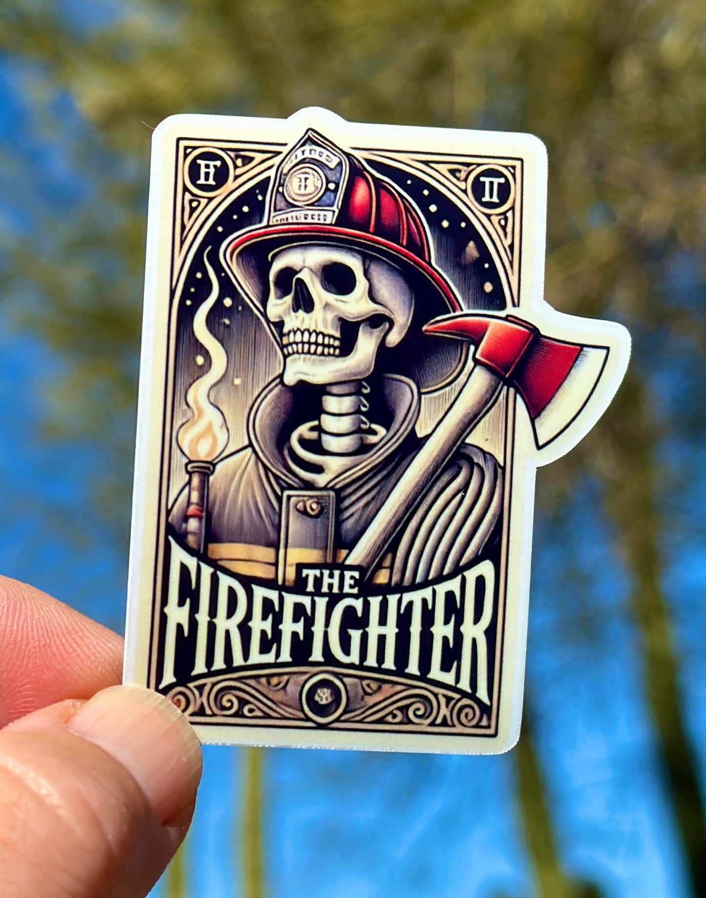 Tarot Card inspired Skeleton Firefighter Sticker, firefighter, bunker gear, fireman, tarot card, fire department, hero, sticker, fire, psychic