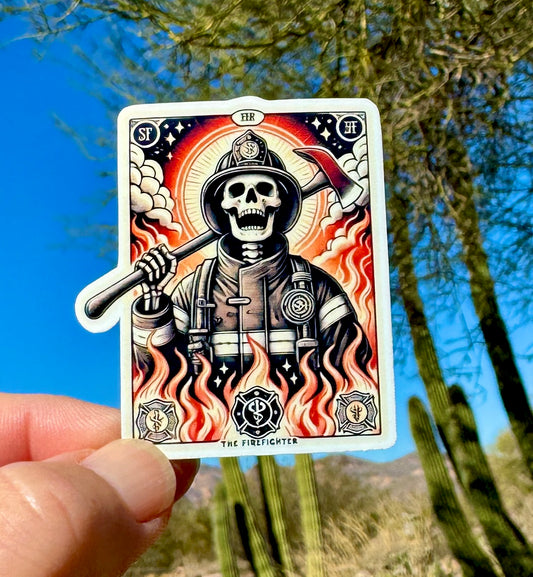 Tarot Card inspired Skeleton Firefighter Sticker, firefighter, bunker gear, fireman, tarot card, fire department, hero, sticker, fire, psychic