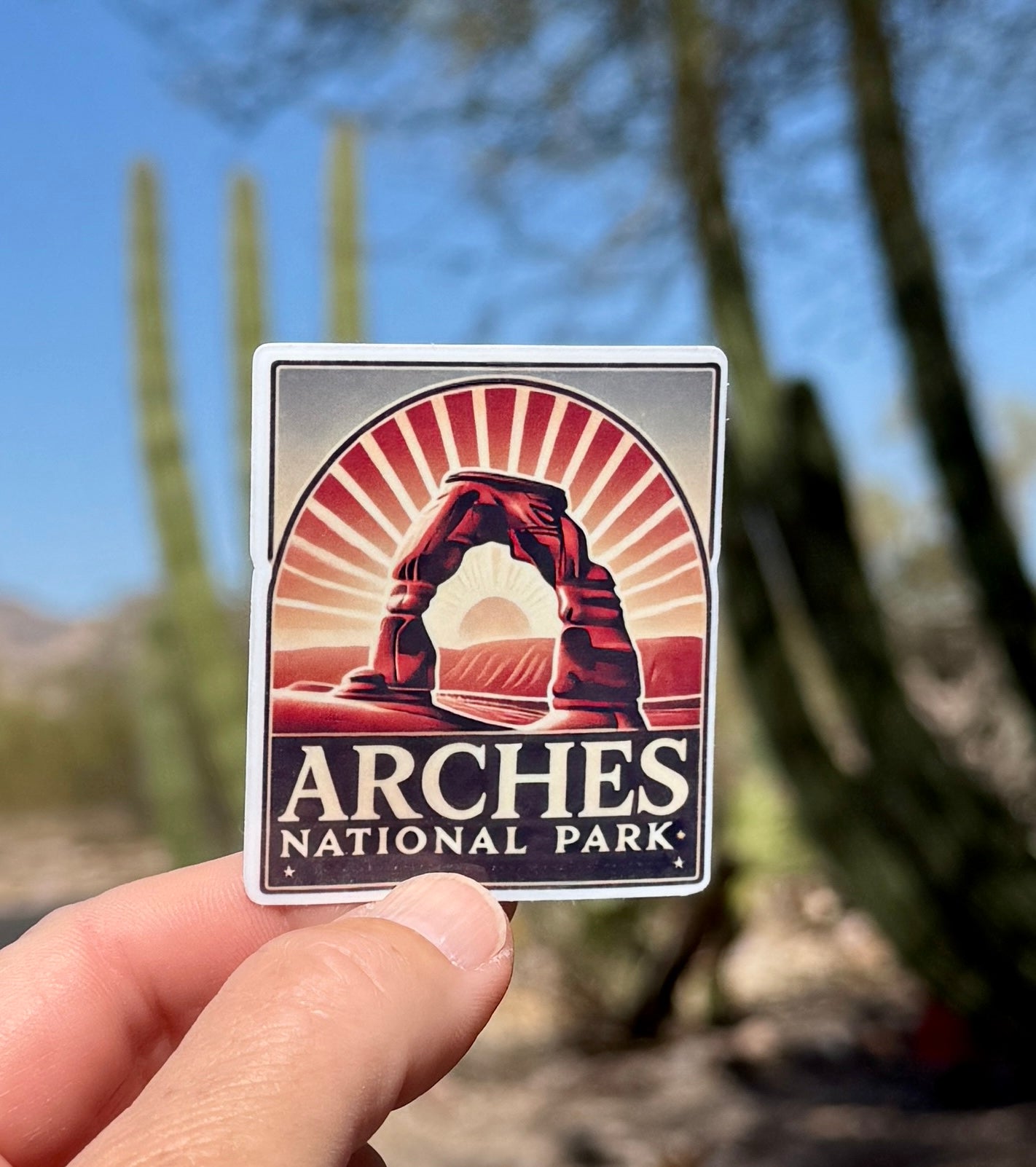 Arches National Park Sticker, Desert Landscape, red rock, Delicate Arch, Desert, Moab, Western, Utah, Rock formation, sticker, national park