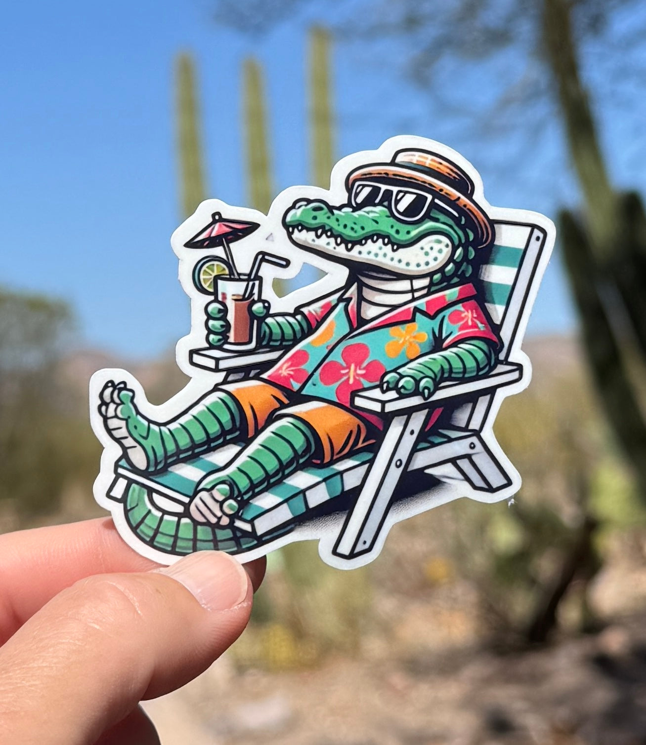 Retired/Relaxing Alligator Sticker, Alligator, retired, relaxing, sticker, gator, Hawaiian shirt, Florida, military, happy hour, vacation