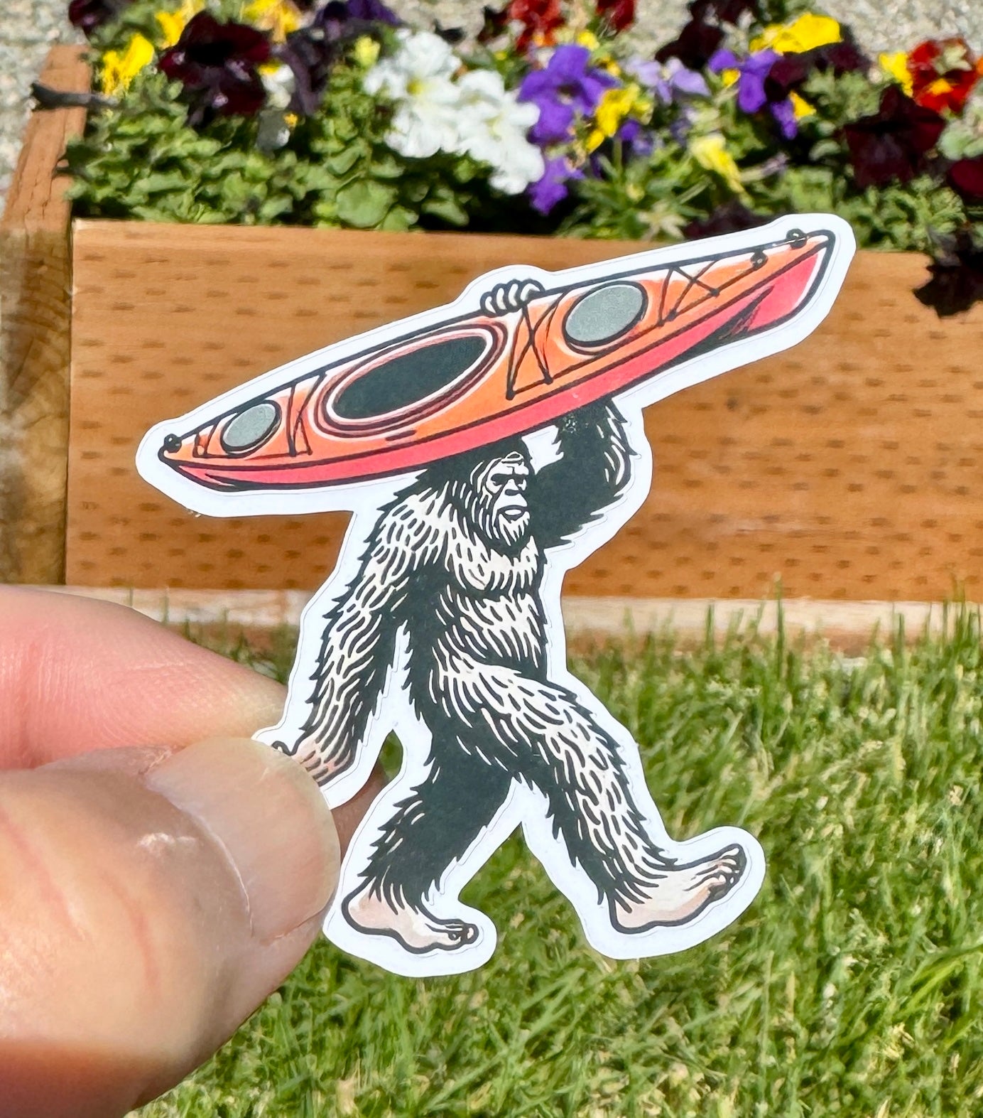 Bigfoot carrying a kayaking Sticker, Bigfoot, kayak, Bigfoot kayak, river, Sticker, Decal, rapids, Bigfoot Sticker,Furry,Sasquatch, kayaking