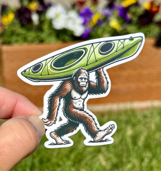 Bigfoot carrying a kayaking Sticker, Bigfoot, kayak, Bigfoot kayak, river, Sticker, Decal, rapids, Bigfoot Sticker,Furry,Sasquatch, kayaking